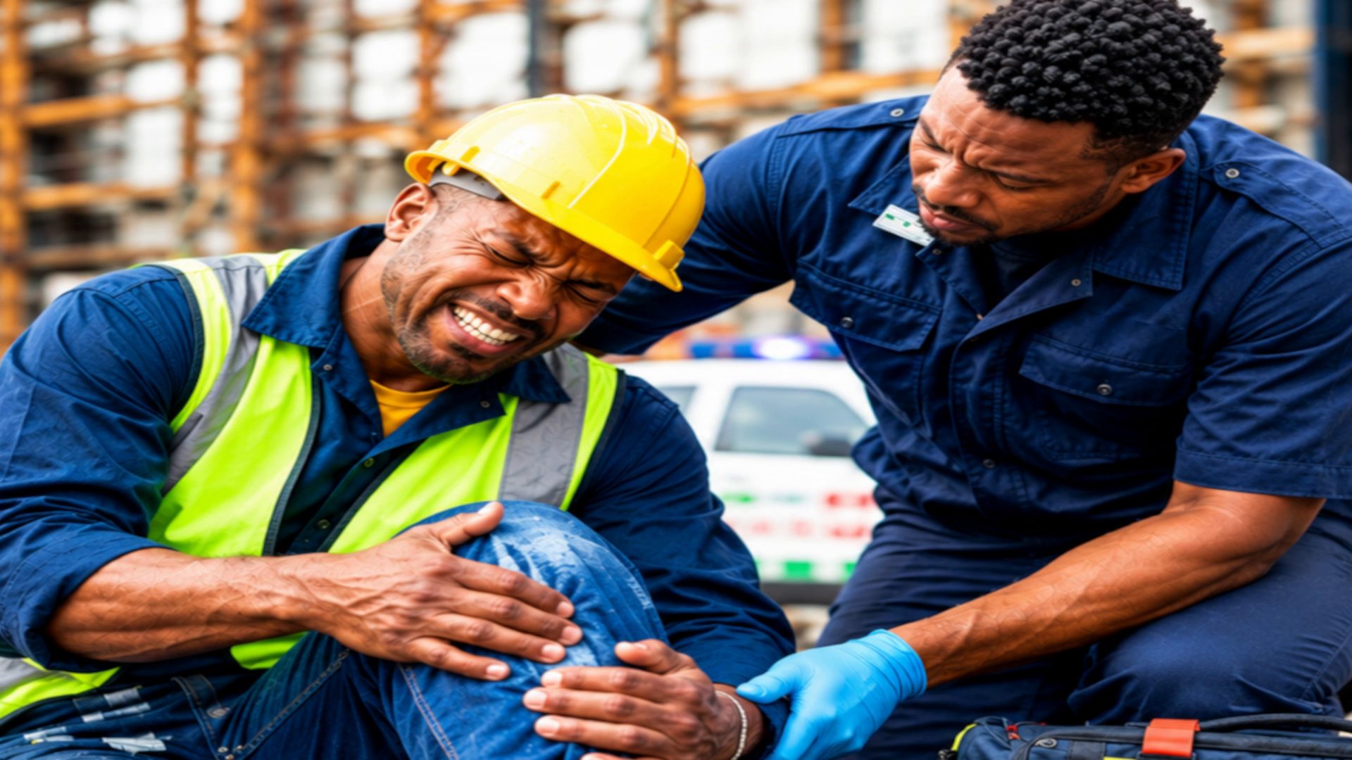 A paramedic helps an injured worker in a hard hat who is holding his knee